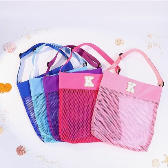 🆕 Pink Mesh Beach Bag Initial K - Picture 2 of 11